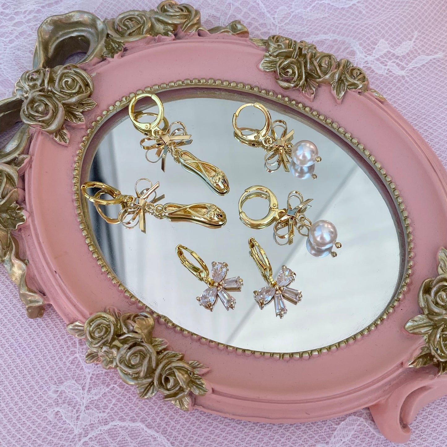 Pearly Ribbon Gold Hoop Earrings