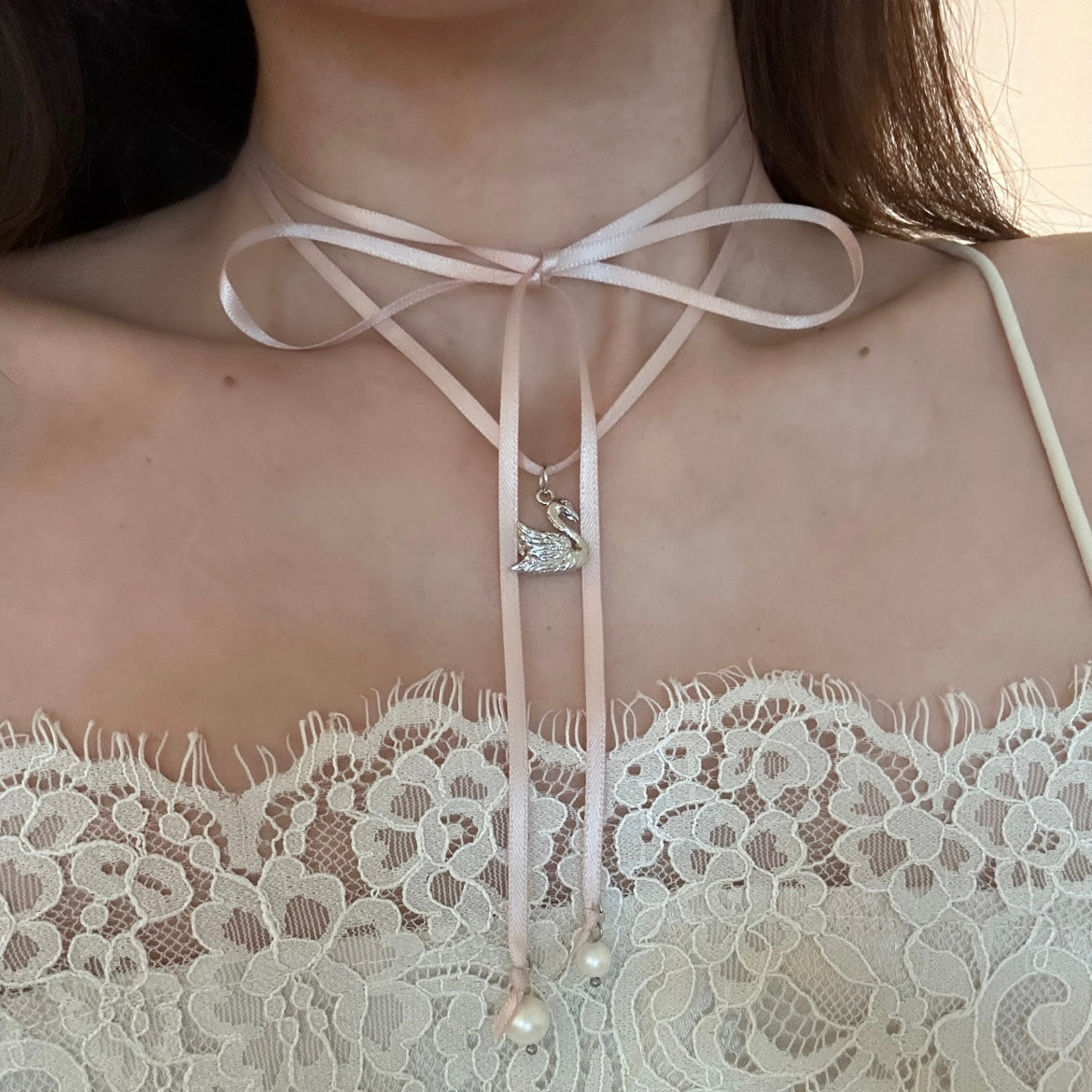 Swan Pink Ribbon Necklace