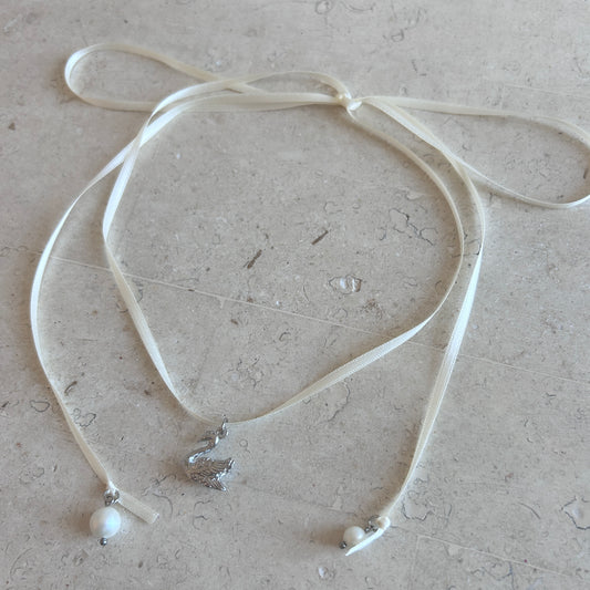 Swan Cream Ribbon Necklace