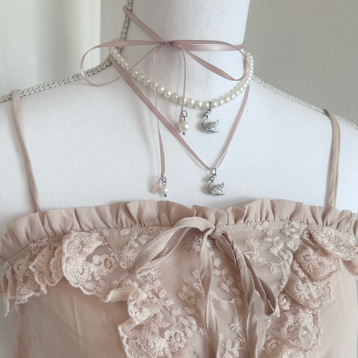 Swan Pink Ribbon Necklace