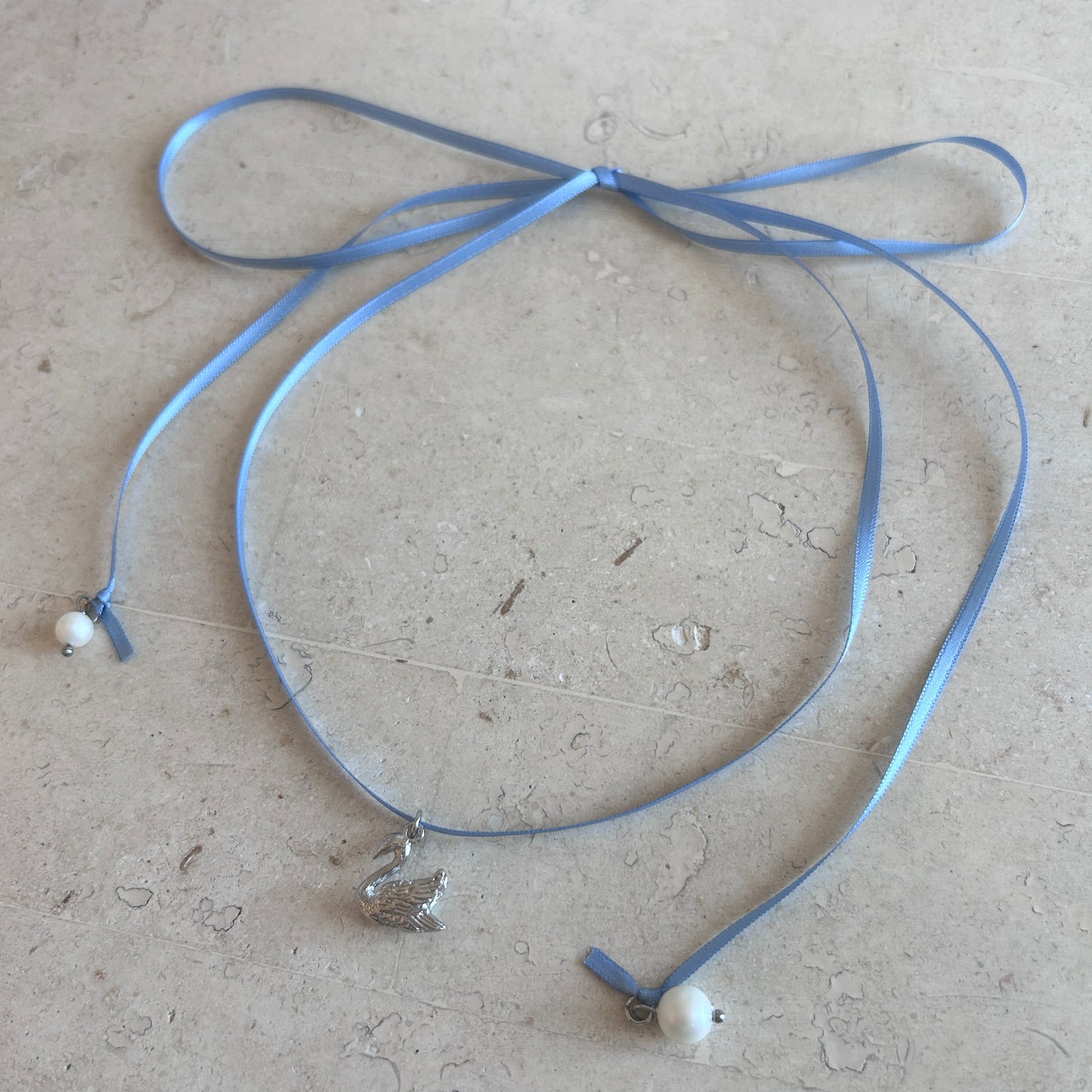 Swan Blue Ribbon Necklace