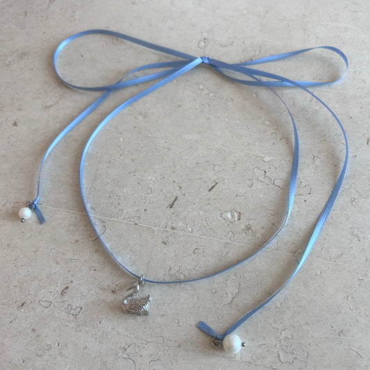 Swan Blue Ribbon Necklace