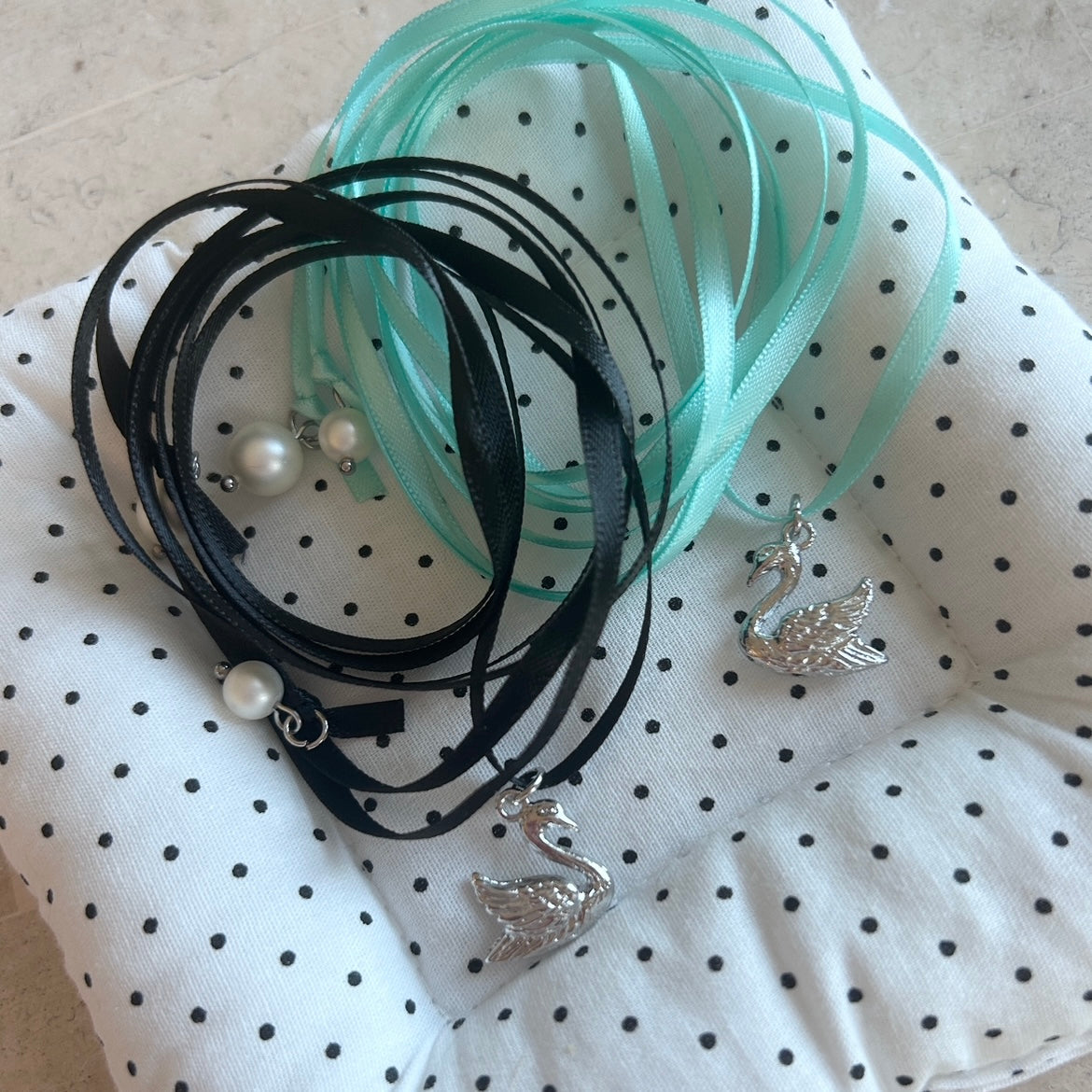 Swan Black Ribbon Necklace