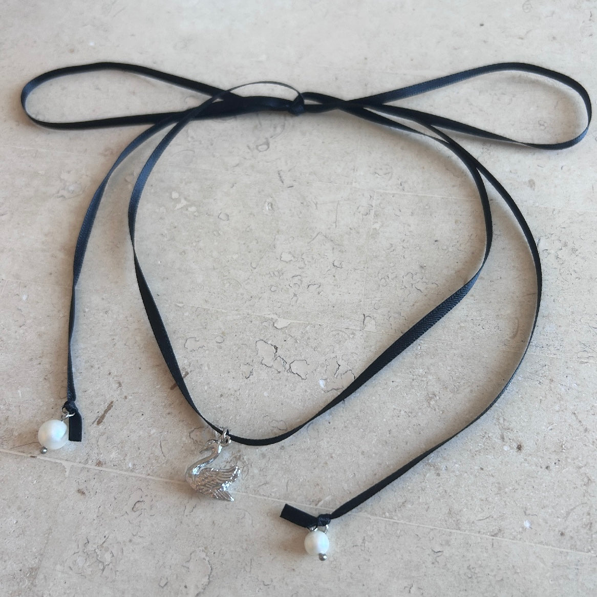 Swan Black Ribbon Necklace