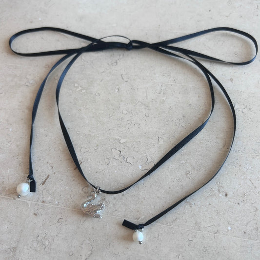Swan Black Ribbon Necklace